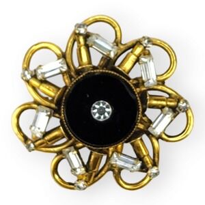 Freirich Brooch Gold Tone OS Gold Black Clear Rhinestone Baguette Vintage Pin